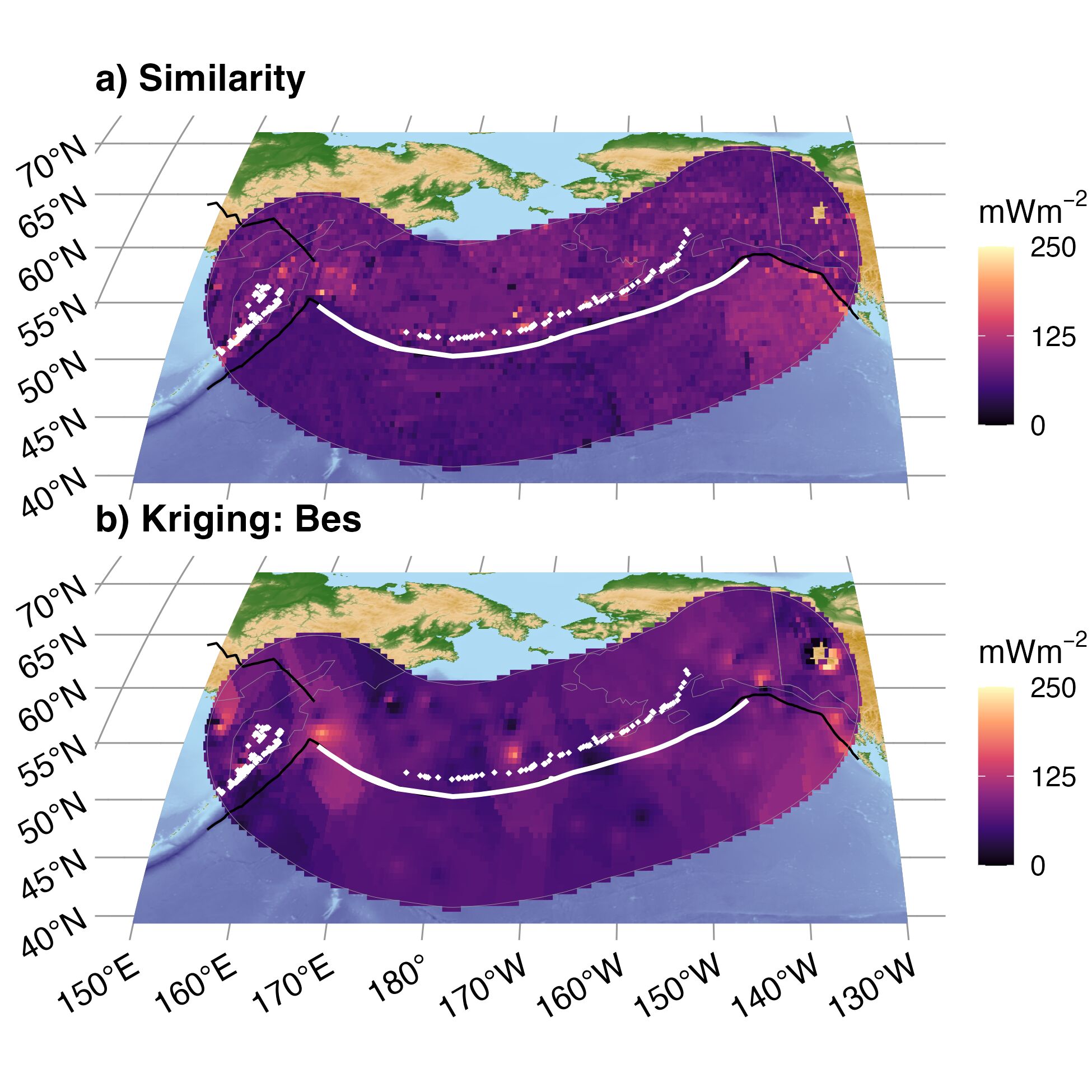 Similarity (a) and Kriging (b) interpolations for Alaska Aleutians. Refer to the main text for explanation of panels and colors.