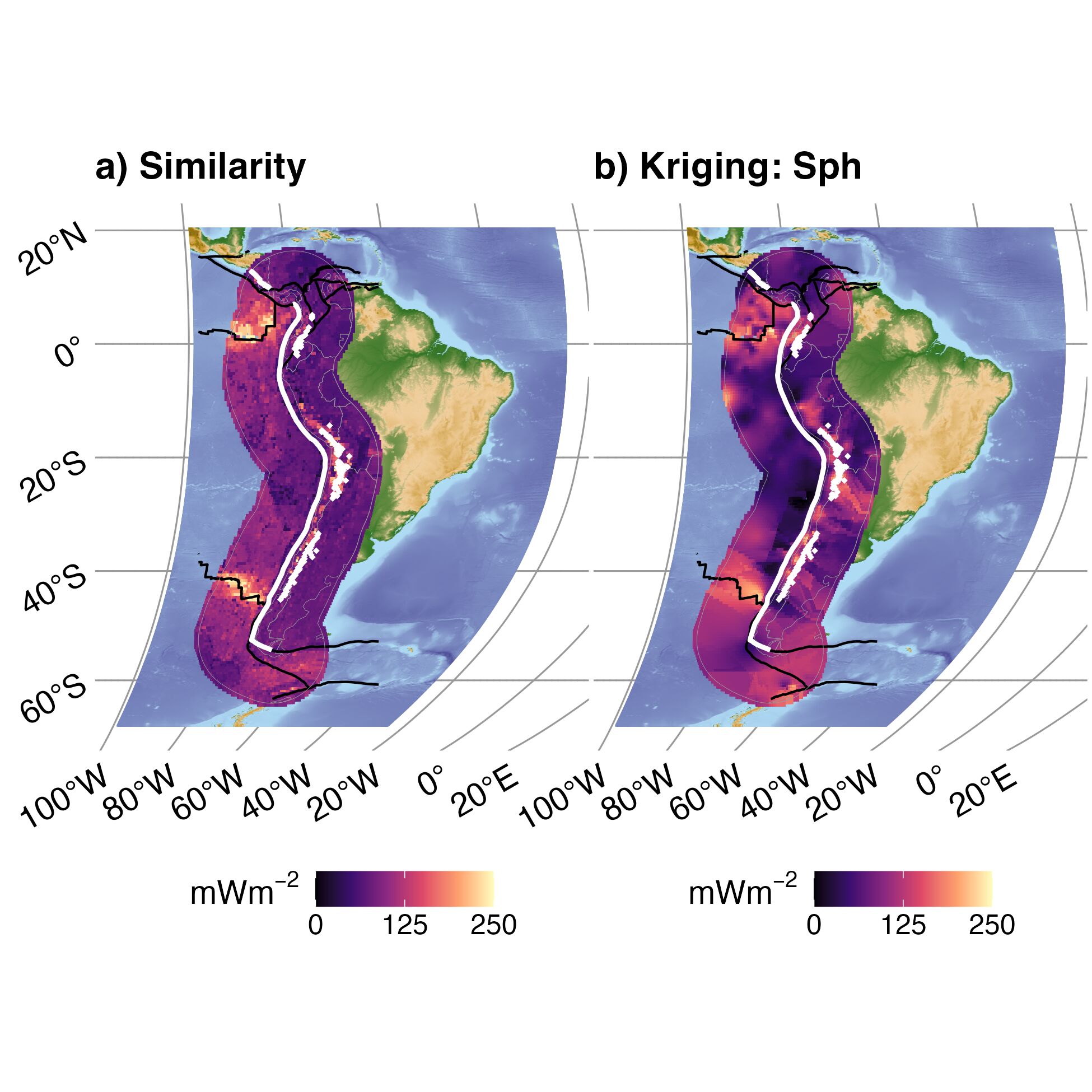 Similarity (a) and Kriging (b) interpolations for Andes. Refer to the main text for explanation of panels and colors.