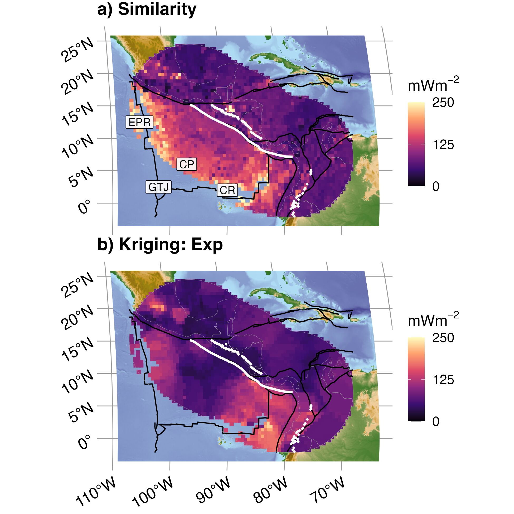 Similarity and Kriging interpolations for Central America. (a) Relatively high surface heat flow is predicted by Similarity within the young Cocos Plate (CP) and along the arms of the Galápagos triple junction (GTJ): the East Pacific Rise (EPR) and Cocos Ridge (CR). In contrast, (b) many anomalously-low surface heat flow observations within the CP (Hutnak et al., 2008) constrain Kriging predictions to low values. Segment boundary (bold white line) and volcanoes (gold diamonds) defined by Syracuse & Abers (2006). Similarity interpolation from Lucazeau (2019). Plate boundaries (bold black lines) defined by Lawver et al. (2018).