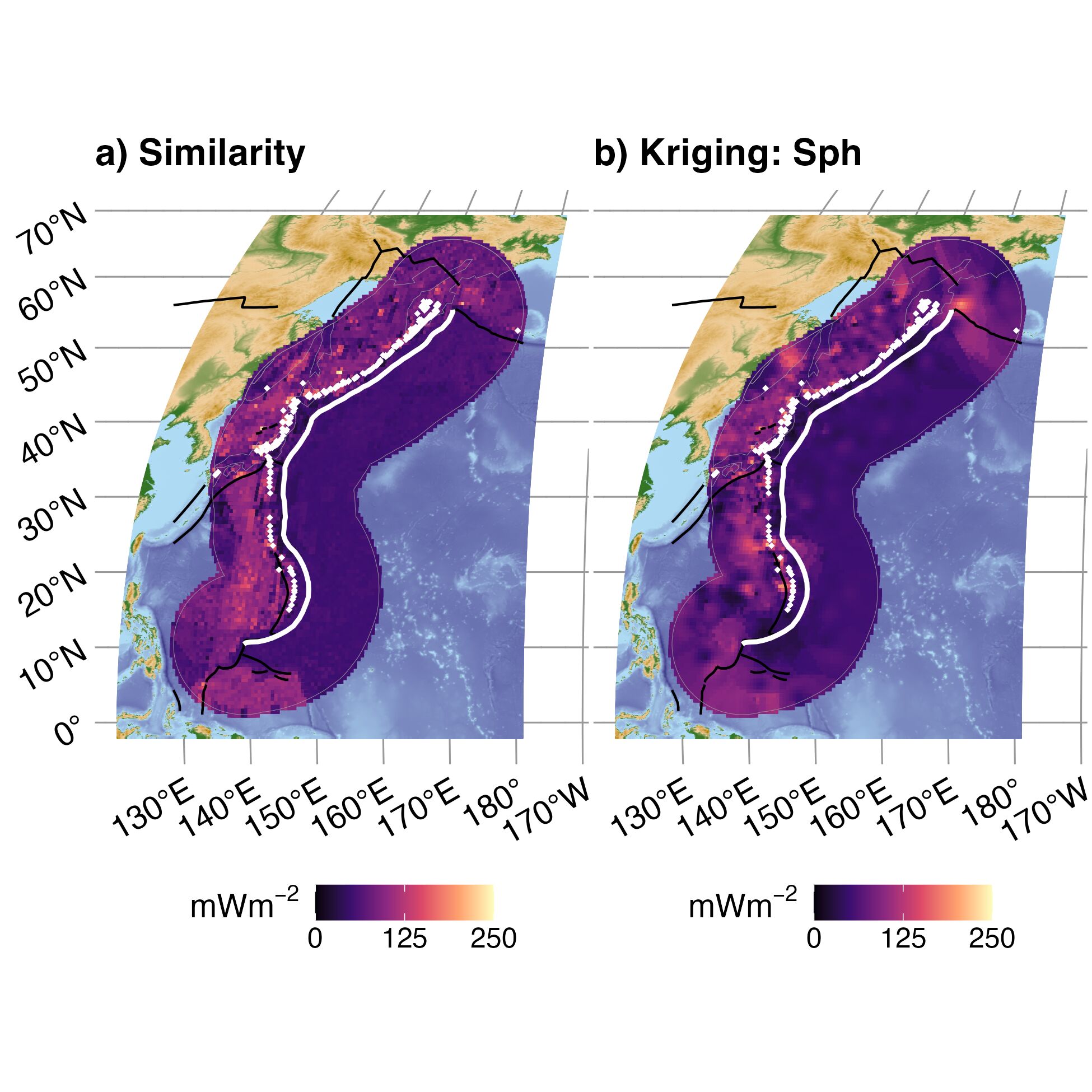 Similarity (a) and Kriging (b) interpolations for Kamchatka Marianas. Refer to the main text for explanation of panels and colors.