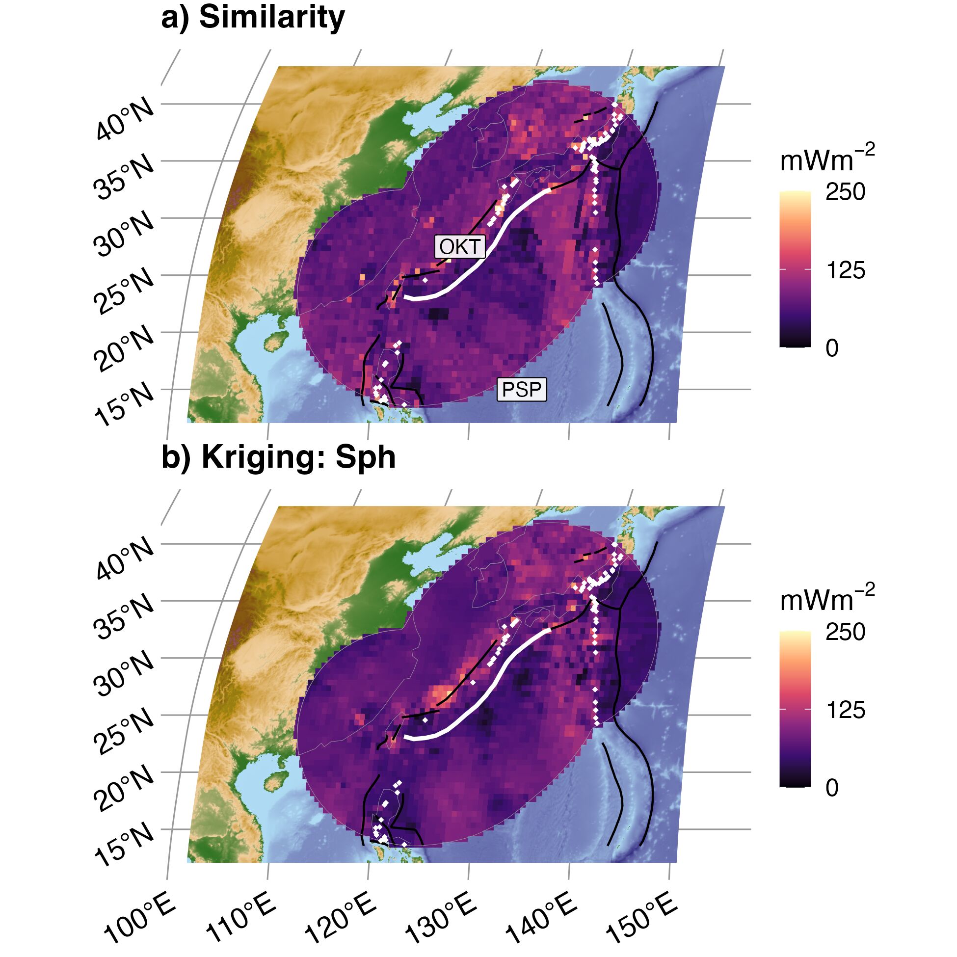 Similarity and Kriging interpolations for Kyushyu Ryukyu. (a) Similarity predicts a textured interpolation that is strongly influenced by multiple volcanic chains along the margins of the Philippine Sea Plate (PSP), contrasting oceanic plate ages, and active rifting in the Okinawa trough (OKT). (b) The Kriging interpolation is generally smoother, but corroborates much of the same texture predicted by Similarity due to relatively high observational density and regularity of observational coverage throughout the domain. Segment boundary (bold white line) and volcanoes (gold diamonds) defined by Syracuse & Abers (2006). Similarity interpolation from Lucazeau (2019). Plate boundaries (bold black lines) defined by Lawver et al. (2018).