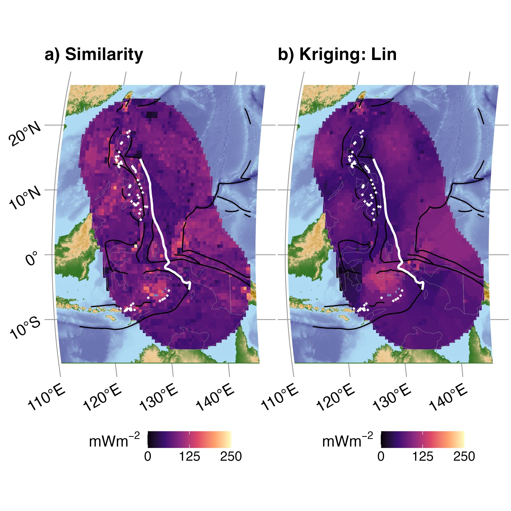 Similarity (a) and Kriging (b) interpolations for S Philippines. Refer to the main text for explanation of panels and colors.