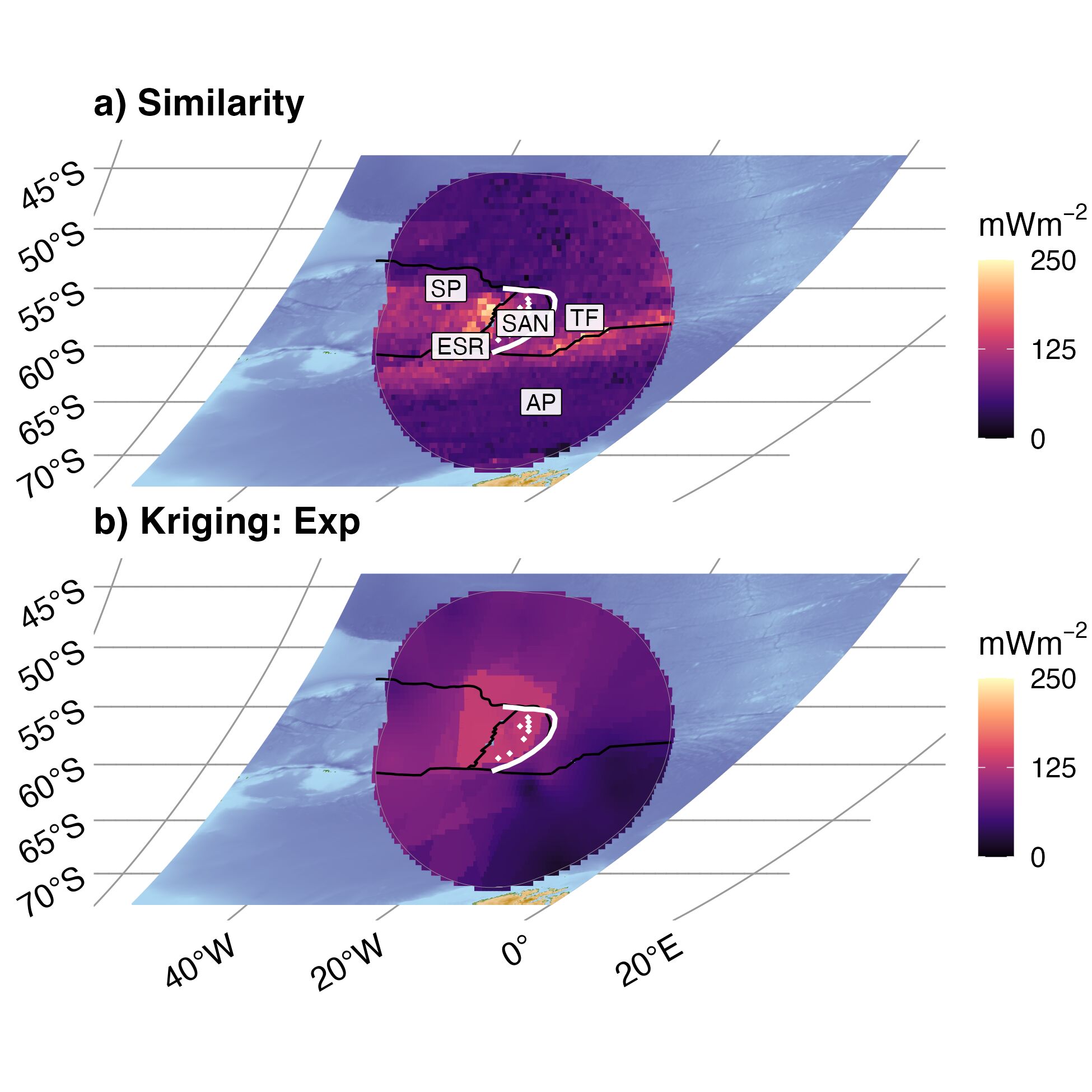 Similarity and Kriging interpolations for Scotia. Despite extremely sparse data (n = 25), (a) Similarity identifies two tectonic features, the East Scotia Ridge (ESR) and a transform fault (TF) separating the Scotia and Sandwich Plates (SP, SAN) from the Antartic Plate (AP). (b) Kriging predicts a high heat flow anomaly in the region of the ESR, and a few low heat flow anomalies in the AP, but otherwise appears featureless due to sparse data. Segment boundary (bold white line) and volcanoes (gold diamonds) defined by Syracuse & Abers (2006). Similarity interpolation from Lucazeau (2019). Plate boundaries (bold black lines) defined by Lawver et al. (2018).