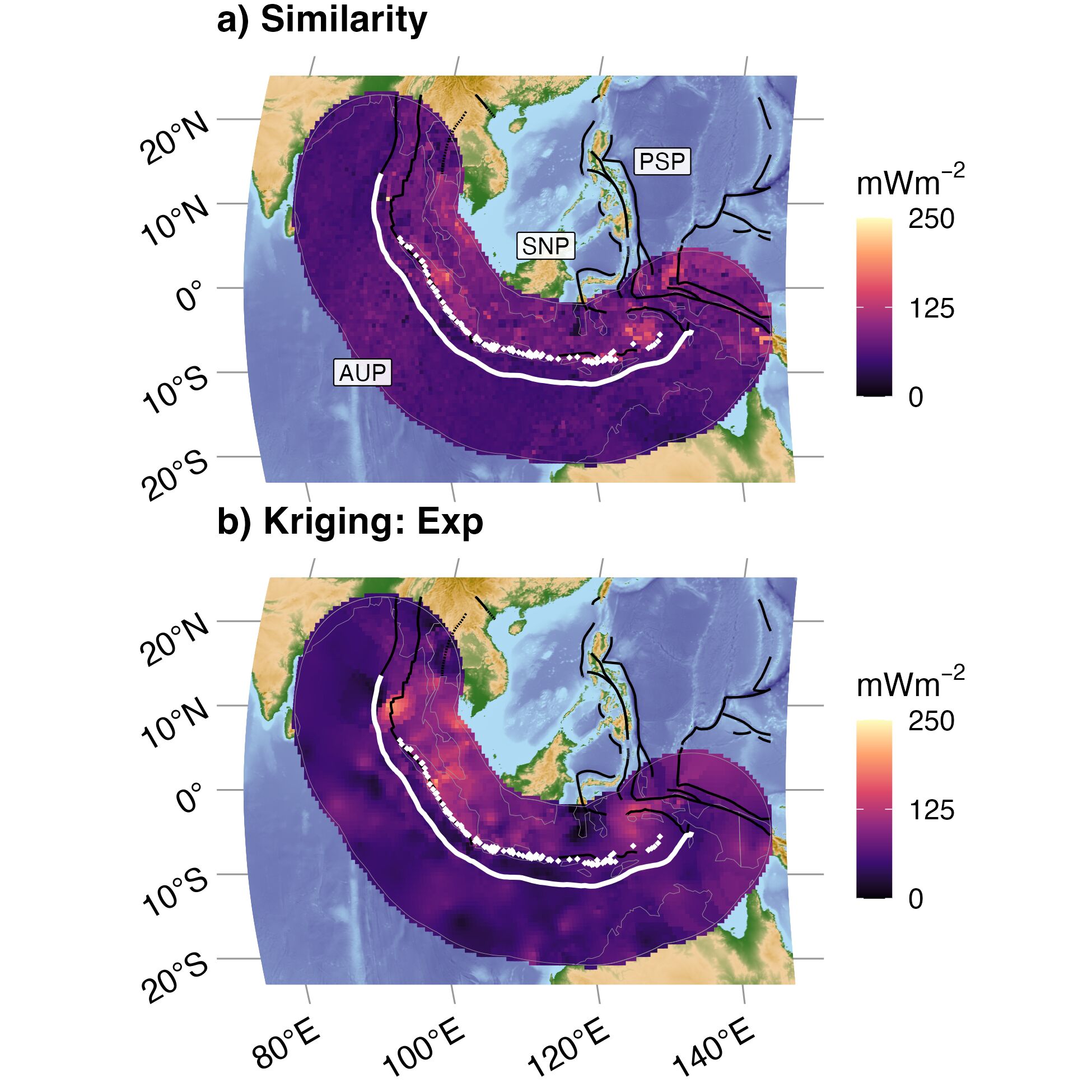 Similarity (a) and Kriging (b) interpolations for Sumatra Banda Sea. Refer to the main text for explanation of panels and colors.