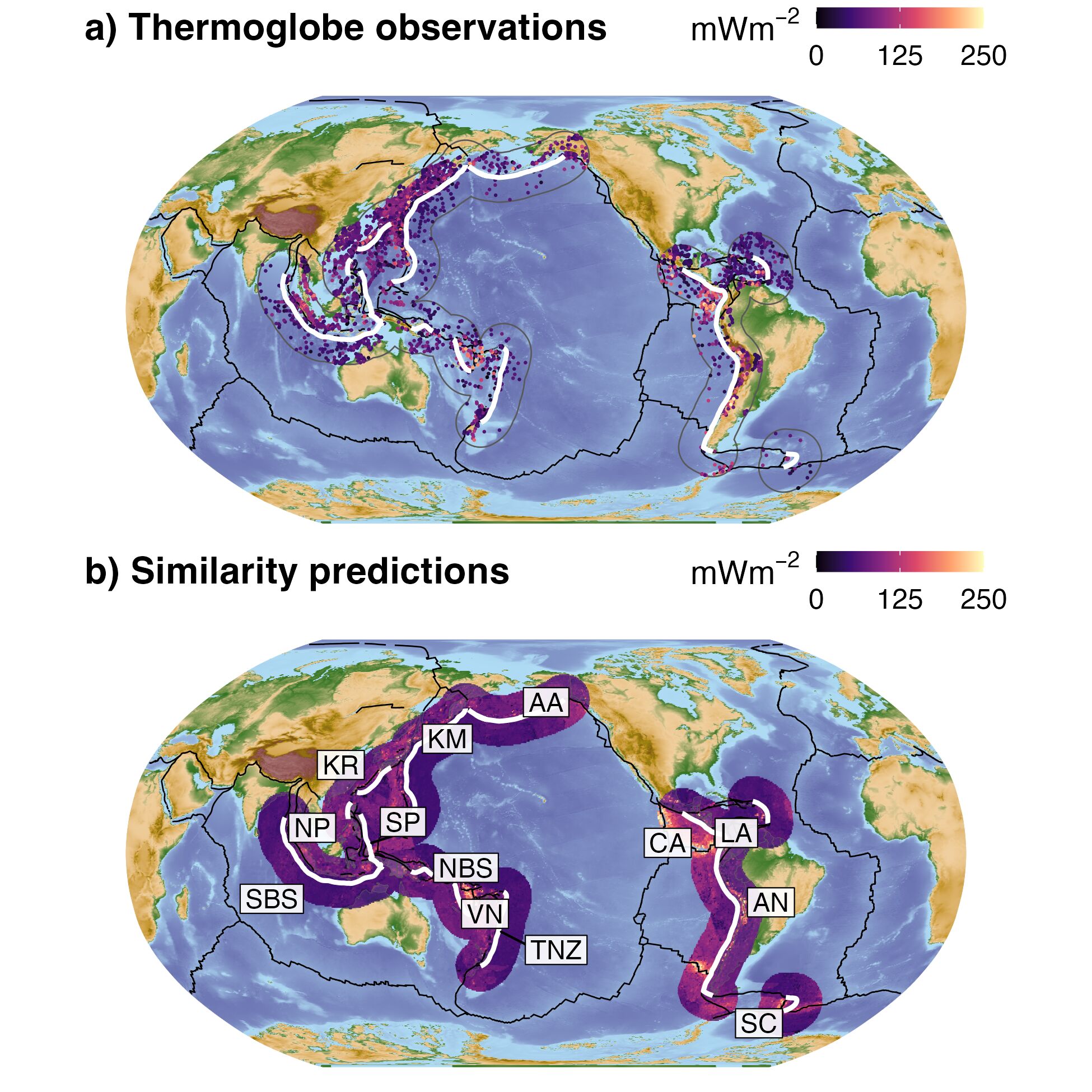 Regional surface heat flow near subduction zone segments. (a) ThermoGlobe data from Lucazeau (2019) cropped within 1000 km-radius buffers around 13 active subduction zone segments show uneven regional coverage. For example, note the relatively high observational density in the NW Pacific compared to other regions. (b) In contrast, a Similarity interpolation cropped within the same buffers presents an evenly-distributed approximation of regional surface heat flow. Similarity interpolation from Lucazeau (2019). Subduction zone boundaries (bold white lines) defined by Syracuse & Abers (2006). Plate boundaries (bold black lines) defined by Lawver et al. (2018). AA: Alaska Aleutians, AN: Andes, CA: Central America, KM: Kamchatka Marianas, KR: Kyushu Ryukyu, LA: Lesser Antilles, NBS: New Britain Solomon, NP: N Philippines, SBS: Sumatra Banda Sea, SC: Scotia, SP: S Philippines, TNZ: Tonga New Zealand, VN: Vanuatu.