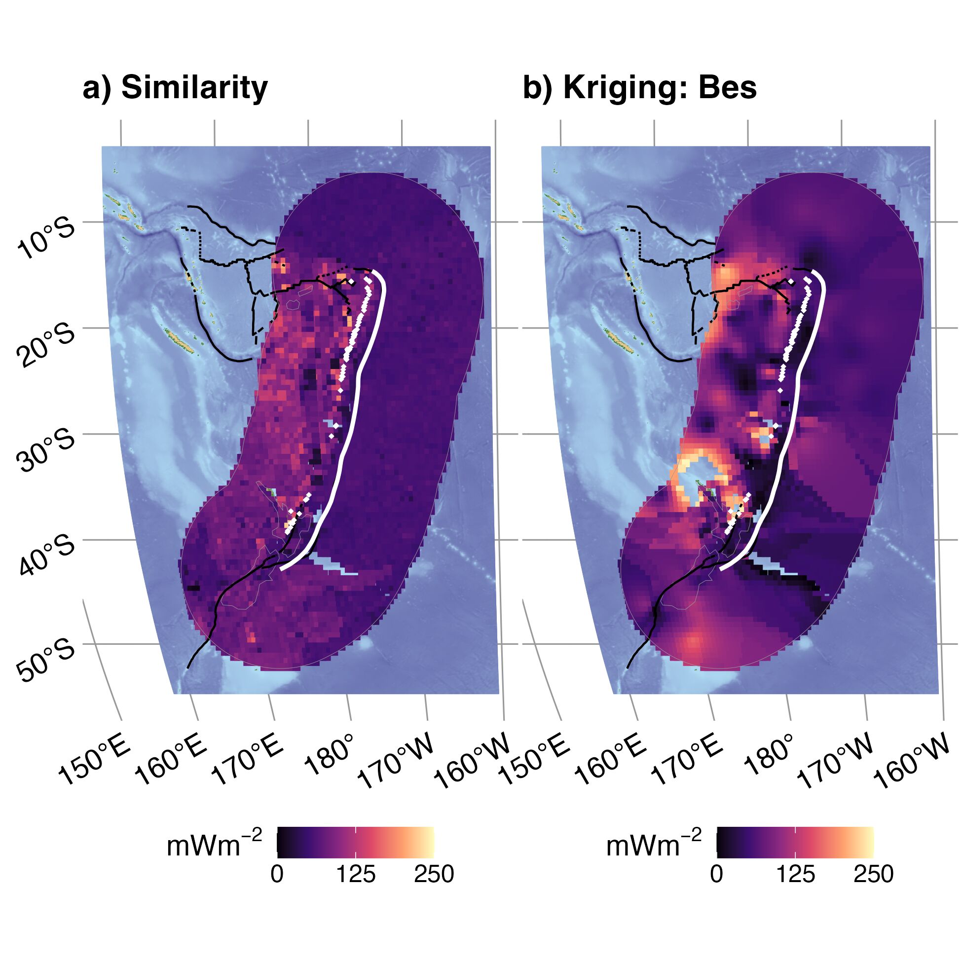 Similarity (a) and Kriging (b) interpolations for Tonga New Zealand. Refer to the main text for explanation of panels and colors.