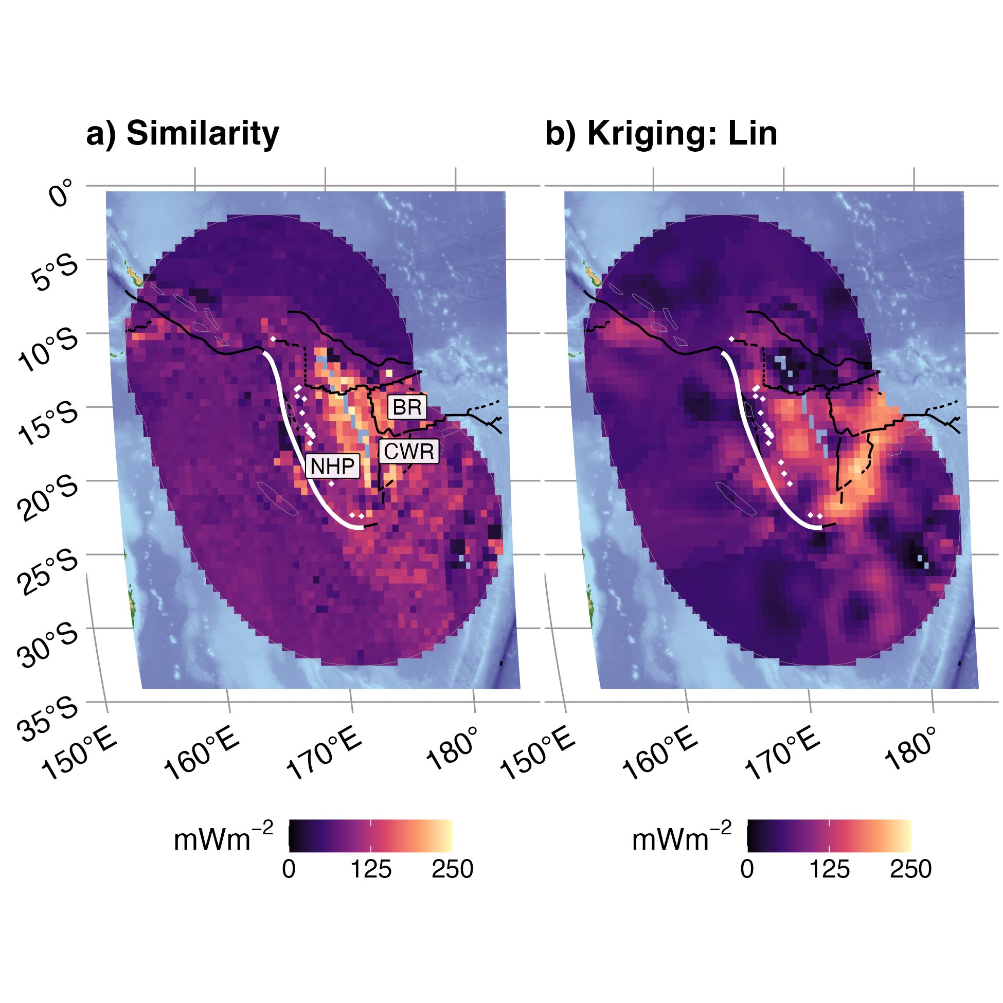 Similarity and Kriging interpolations for Vanuatu. While (a) Similarity predicts more-or-less uniformly-high surface heat flow within the region defined by many microplates, (b) excellent observational coverage allows Kriging to distinguish the most northern microplate from the New Hebrides Plate (NHP), Balmoral Reef (BR), and Conway Reef (CWR) microplates to the S. The geologic proxy datasets used to construct Similarity interpolations are apparently too coarse to resolve microplate-size features in this case. Segment boundary (bold white line) and volcanoes (gold diamonds) defined by Syracuse & Abers (2006). Similarity interpolation from Lucazeau (2019). Plate boundaries (bold black lines) defined by Lawver et al. (2018).