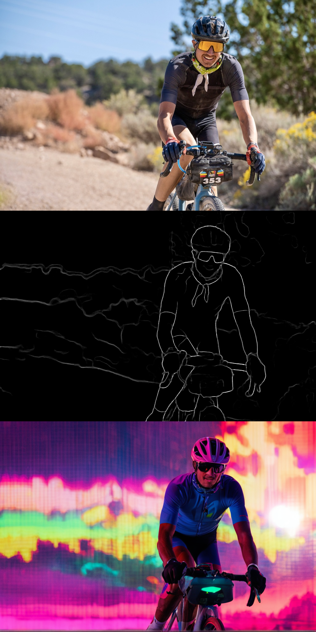 Racing the Belgian Waffle Ride in Kanab, Utah. Made with StabilityAI's [Stable Diffusion XL](https://huggingface.co/stabilityai/stable-diffusion-xl-base-1.0) model with the [MistoLine](https://huggingface.co/TheMistoAI/MistoLine) ControlNet model trained by MistoAI.